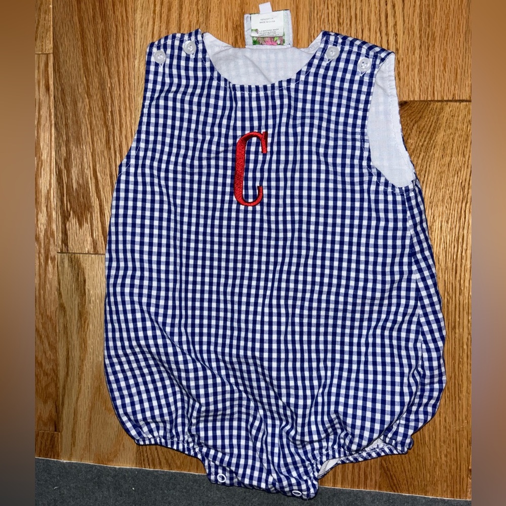 Blue Gingham Monogram Bubble One-Piece for Kids